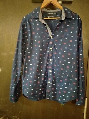 Nautica Navy Printed Long-Sleeve Button-Down Shirt with Red & White Accents